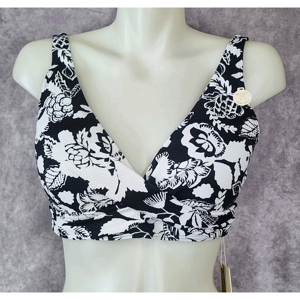 ArteSands Floral Bikini Top Cross Front Size 12 Black White Multi-fit Cup D-G‎